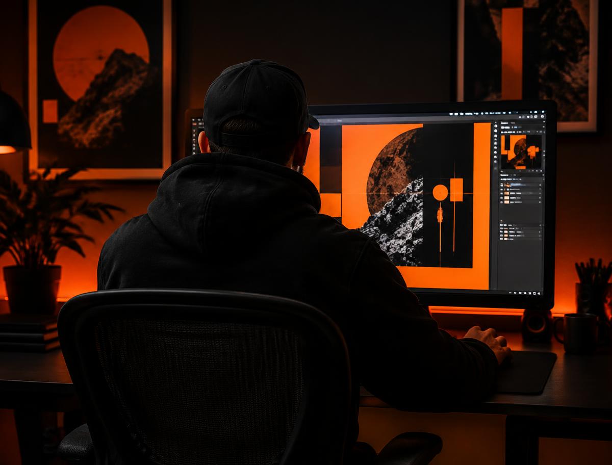 Designer working on an orange-and-black brand layout in a dark studio